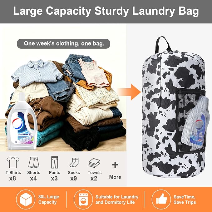 Laundry Bag Backpack Durable Laundry Bag with Shoulder Straps and Mesh Pockets Portable Laundry Hamper Dirty Clothes Bag for College, Travel, Laundromat, Apartment (Cow Print)