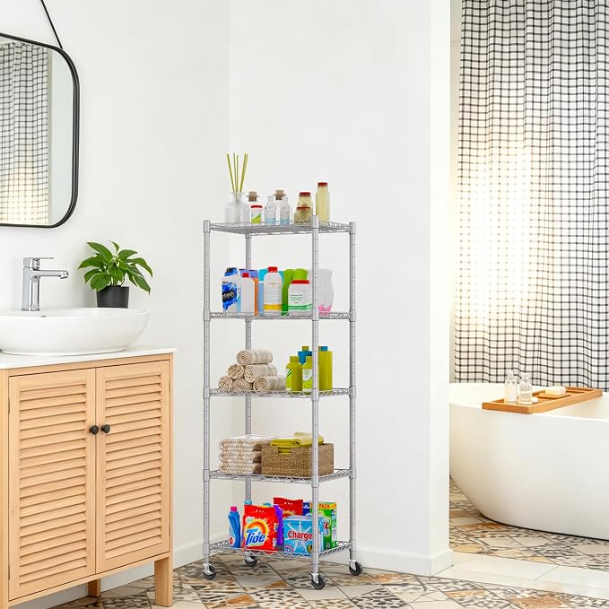 REGILLER 5-Wire Shelving Metal Storage Rack Adjustable Shelves,Standing Storage Shelf Units for Laundry Bathroom Kitchen Pantry Closet(Silver,11.8" D x 16.6" W x 53.5" H,With Wheels)