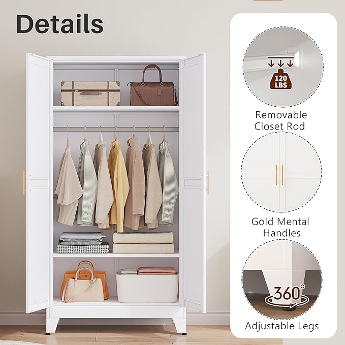 winiowa Metal Armoire Wardrobe Closet with 2 Doors, 71"' Wardrobe Cabinet with Adjustable Shelves and Hanging Rod, Clothing Storage Cabinet Closet for Bedroom-White