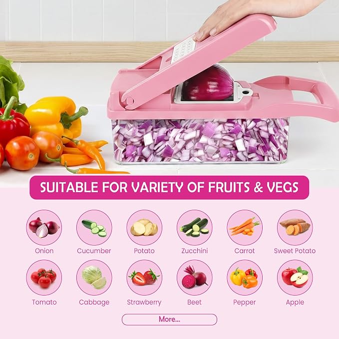 16-in-1 Vegetable Chopper & Mandoline Slicer with Container, Food Chopper, Onion Dicer, Cheese Grater, Vegetable Cutter for Potato, Carrot, Cucumber, Garlic, Meal Prep, Pink