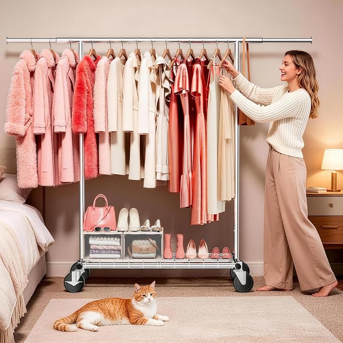 Heavy Duty Clothes Rack for Bedroom - Load 420 LBS - Rolling Clothing Rack for Hanging Clothes with Lockable Wheels & Shelves - Extendable Garment Rack for Closet Laundry - Silver