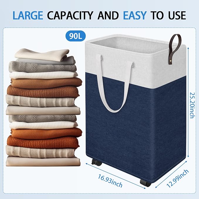 HomeHacks 90L Rolling Laundry Basket with 4 Wheels Collapsible Blue | 4 Wheels, Waterproof PEVA Lining, Cotton Flax Fabric, Metal Frame, Bathroom Laundry Room Dorm Storage, Space-Saving Design