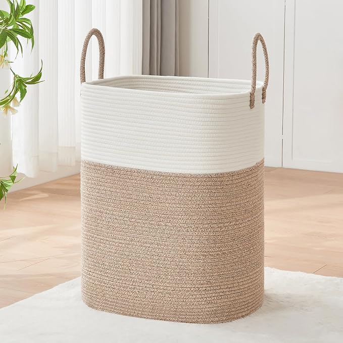 AINUOQI Laundry Basket with Handles - Blanket Basket & Hampers for Bedroom Aesthetic, Laundry Hamper & Blanket Storage for Living Room, Clothes Hamper, Tall, Large 17" x 14" x 26”, White & Rice Brown