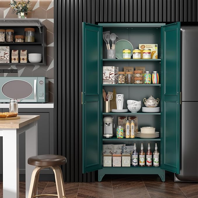 SteeLoong Kitchen Pantry Cabinet,75" Green Metal Storage Cabinets with Doors and 4 Adjustable Shelves,Kitchen Cabinet with 2 Gold Handles,Tall Cabinet for Livingroom,Pantry, Bathroom