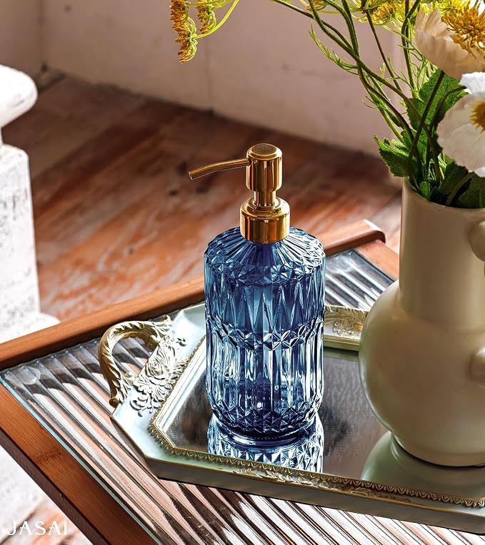 JASAI 18Oz Blue Glass Soap Dispenser with Golden Pump for Dish Soap | Refillable Kitchen Soap Dispenser with Thick Glass & Rust Proof Pump, Bathroom Soap Dispenser for Hand Soap, Liquid Soap.
