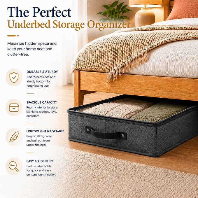 HOMELUX THEORY 2pc Under Bed Storage Containers, Bedroom Under the Bed Drawer Storage Organizer with Bins and Lids, Medium Underbed Clothes Storage Box Ideal for Blanket, Fabric, & Shoes (Dark Gray)