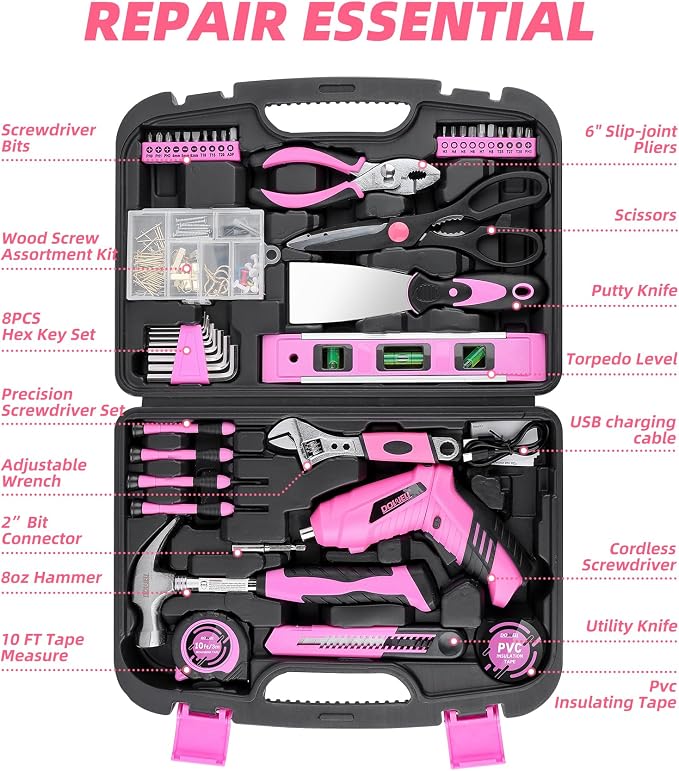 DOWELL Pink Tool Set with 3.6V Cordless Screwdriver Tool Kit, 143 Pcs | for Women, Homeowner Plastic Tool box Storage Case