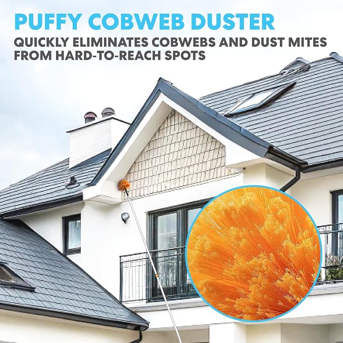 Simpli-Magic 20 Foot High Ceiling Duster Kit with 5-12ft Heavy Duty Extension Pole,High Reach Duster for Cleaning,Microfiber Feather Duster,Cobweb & Ceiling Fan Duster,Window Squeegee & Cleaner,Orange