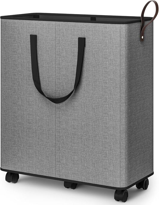 SpaceTrove Rolling Laundry Basket with Wheels, Laundry Hamper, 136L, Grey | Collapsible, 6 detachable wheels including 2 with brakes, sturdy handle, metal frame, for dorms, bathrooms and bedrooms