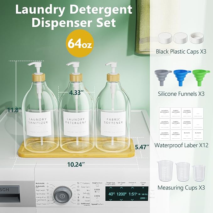 Moforoco 3 Pack White Liquid Laundry Detergent Dispenser with Bamboo Tray, 64 Oz Plastic Laundry Soap Dispenser, Fabric Softener Dispenser with Pump and Labels for Laundry Room Decor and Organization