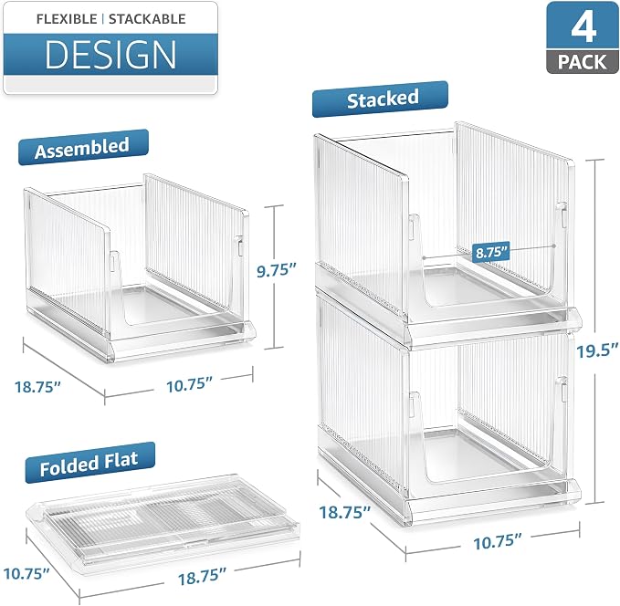 Sorbus Stackable Storage Bins 4 Pack – Extra Large Clear Closet Organizers and Storage, Foldable Shelf Organizer Baskets for Clothes, Towels, Garage Shelving