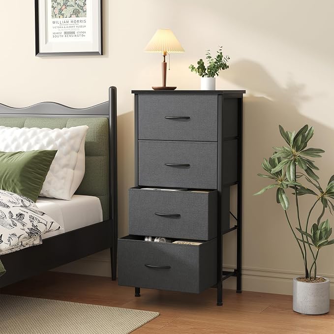 Sweetcrispy Dresser for Bedroom, 4 Drawer Storage Cabinet, Tall Nightstand | Small Fabric Dresser for Closet, Chest of Drawers, Closet Organizer, Home Furniture, Dorm, Sturdy Frame, Gray