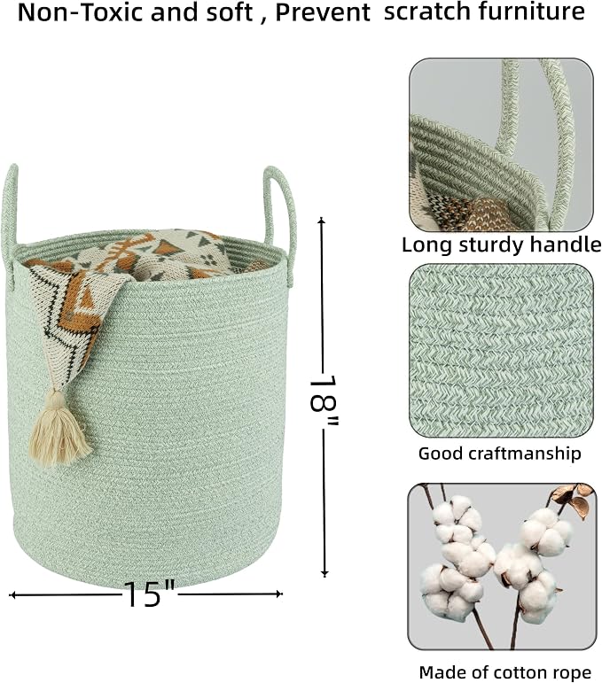 XUANGUO Cotton Rope Laundry Basket Hamper for Clothes, green | Woven Storage Basket for Living Room Bedroom Boho Tall Rope Baskets for Blanket Toys Pillow Towels Baby Nursery Hamper Bin