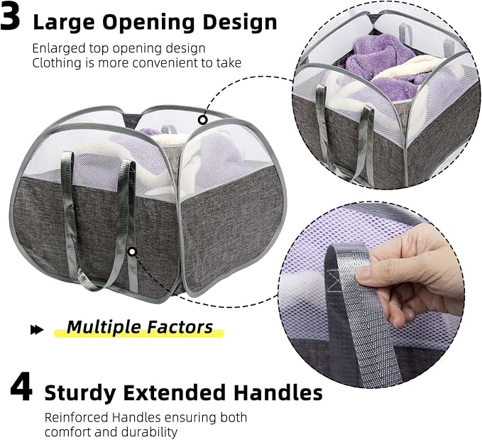 Collapsible Laundry Basket, 90L Tear Proof Mesh Pop-up Hamper | Foldable Storage Clothes Bag with Reinforced Handles for Laundry, Bathroom, Dorm, Travel, Camping, Space-saving, Gray