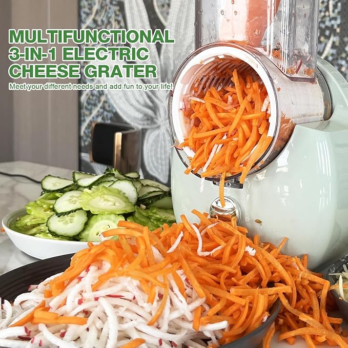 Electric Cheese Grater for Block Cheese - 3 in 1 Rotary Cheese Grater Electric Rotary Grater Salad Shooter Electric Slicer for Cheeses, Fruits, Vegetables and Nuts (Green, 6.89"x7.87")