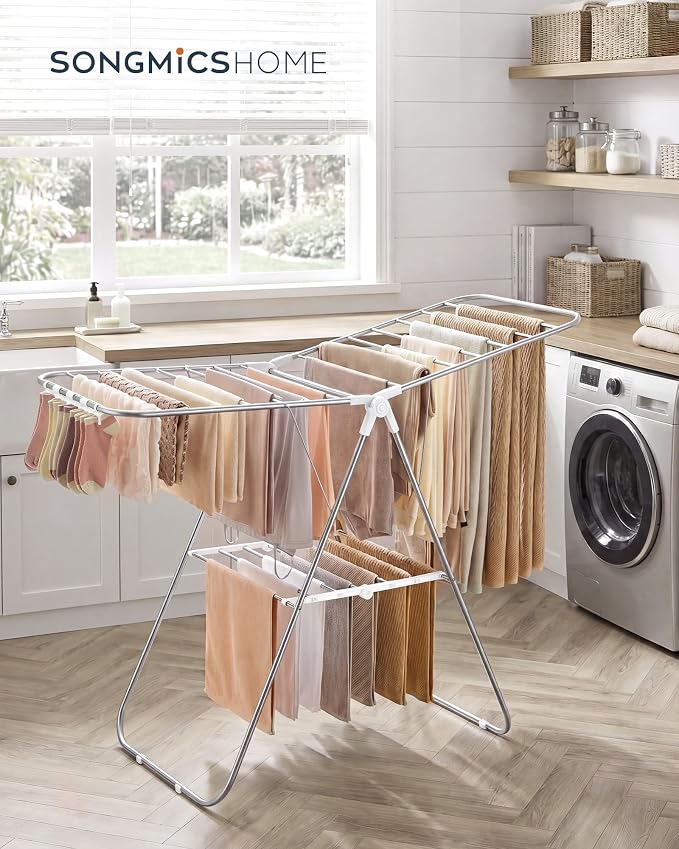 SONGMICS HOME Clothes Drying Rack with Wings, Foldable Laundry Rack with Sock Clips, Drying Clothes, Adjustable Height Airer for Indoor Outdoor Use, Silver and White