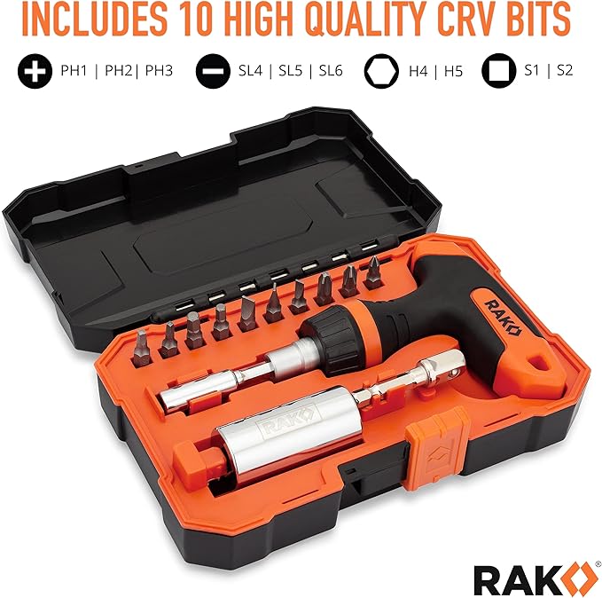 RAK Universal Socket Tool - Birthday Gifts for Men - Set of 15, 1/4-to-3/4-inch Wrench Grip, T-Handle Ratchet Driver, 10 Screwdriver Bits - Gifts for men, Husband, Handyman