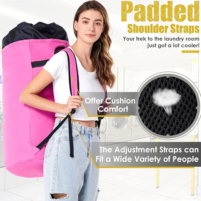 Backpack Laundry Bag, 115L Heavy Duty Extra Large College Laundry Backpack, Dirty Clothes Bag with Shoulder Straps, Laundry Hamper Bag with Drawstring Closure for College Dorm, Apartment Pink