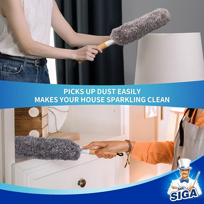 MR.SIGA Lint Free Microfiber Duster, Washable Duster for Household Cleaning | Microfiber hand duster, machine washable feather duster, dusters for cleaning, bamboo handle, replaceable head
