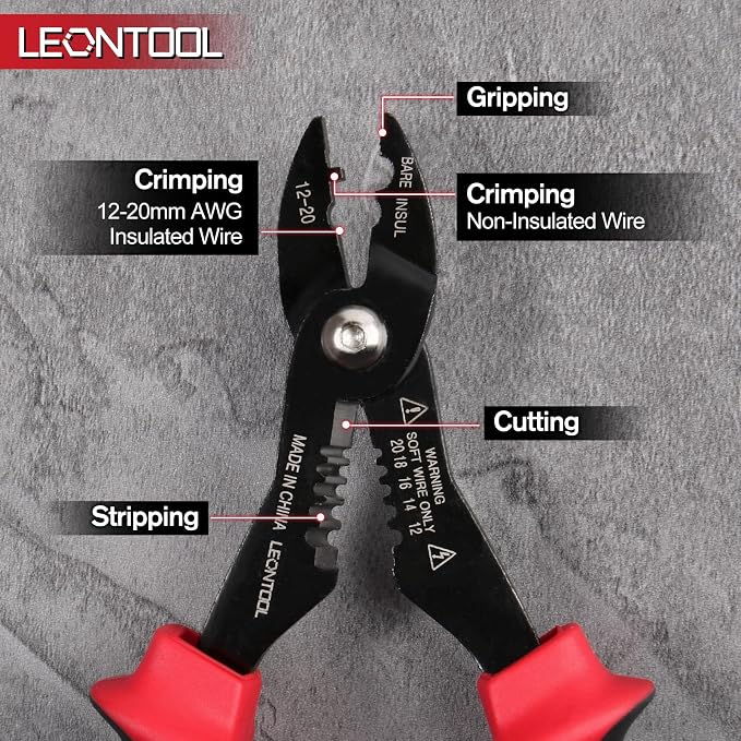 4-in-1 Multi Purpose Electricians Pliers, TPR Handle | 7" Compact Wire Stripper Cutter Crimper Gripper, Tapered Head, Cr-V Steel, for 12-20 AWG Insulated & Non-Insulated Wires