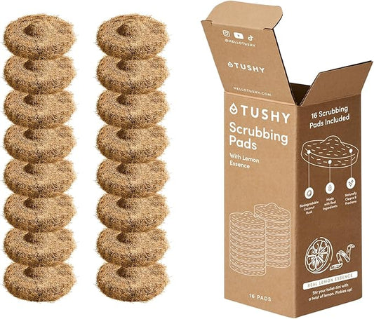 TUSHY Lemon Coconut Husk Scrubbing Pads, 16 Pack: Planet Friendly Cleanser-Infused Pads (No Toilet Bowl Cleaner Needed), Toilet Brush 2.0 Refills