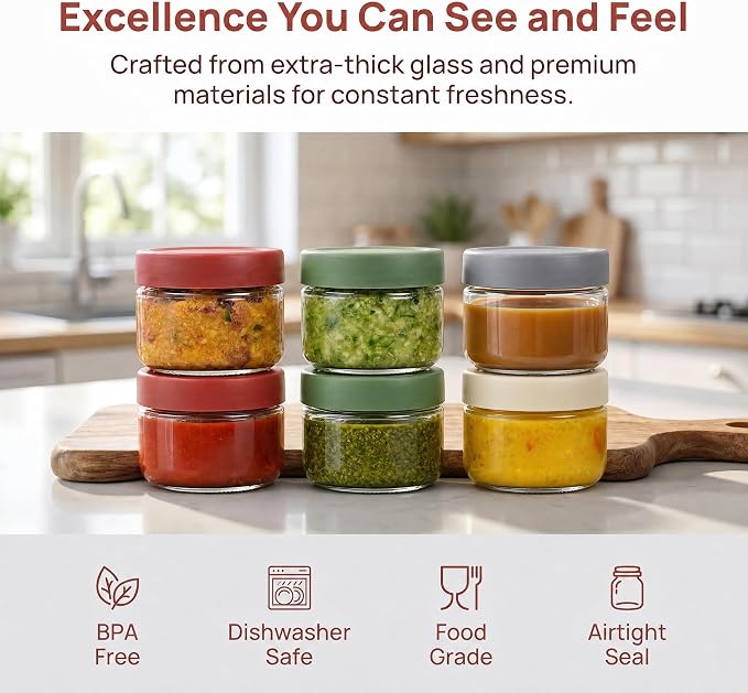 EONJOE 2 oz Glass Dressing Containers With Lids, Sauce Jars for Lunch, 6pk | Airtight ,BPA Free,Perfect for salad dressing sauce dip condiment to go lunch box Accessories , Dishwansher safe