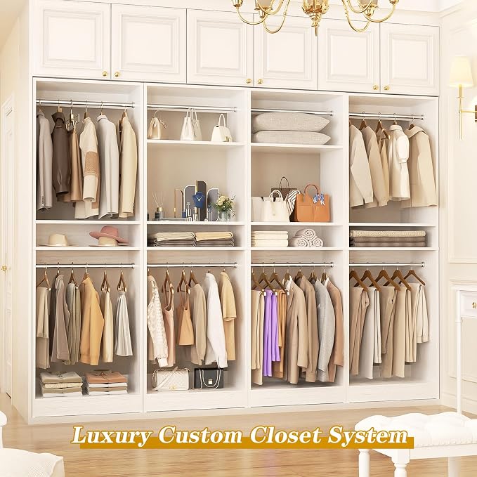 Unikito 100” Closet System, 8.3FT Wood Closet Storage Organizer with 8 Hanging Rods, Adjustable Large Walk in Wardrobe Closet Tower, Sturdy Clothes Garment Rack, Easy Assembly, Set of 4, White