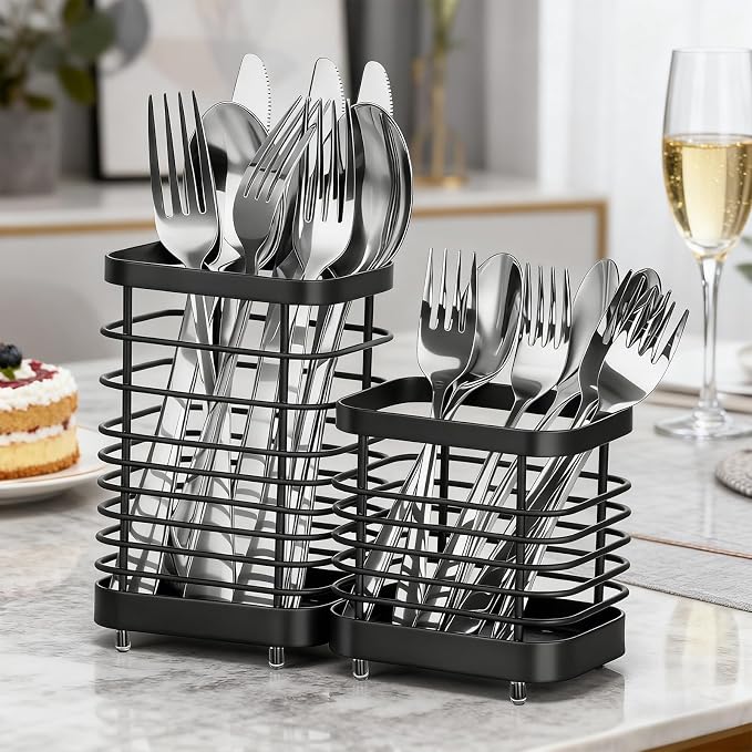 Utensil Holder, Stainless Steel Utensil Drying Rack for Kitchen Counter, Silverware Cutlery Flatware Holder Forks, Knives, Spoons, Chopsticks Organizer (Black)