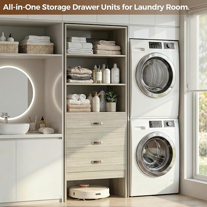 Armocity Freestanding 2FT Closet System with Leather Handles, 24" Walk-in Closets Storage Unit with Cabinet, Wood Wardrobe Closet Organizer and Storage with 3 Drawers for Small Space, White Oak