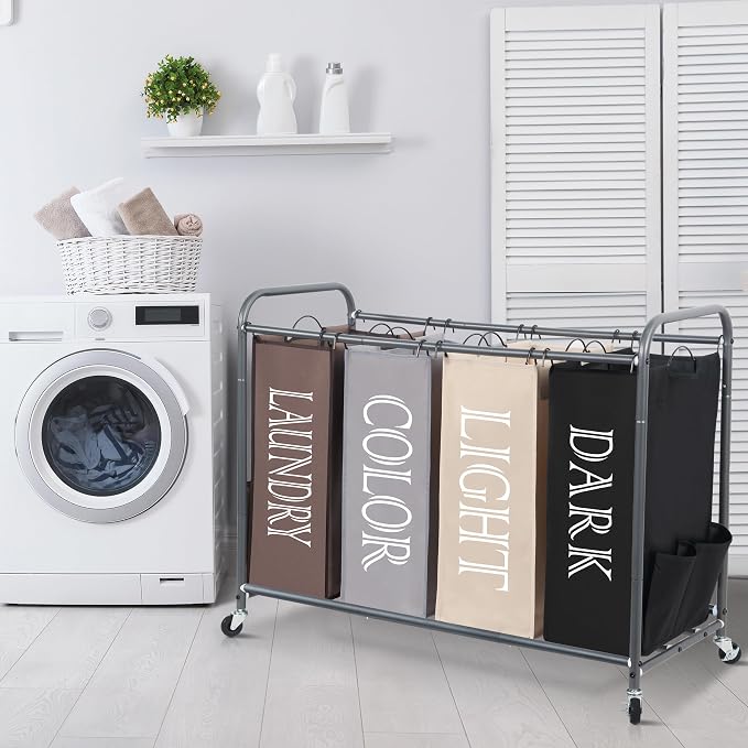 STORAGE MANIAC Laundry Sorter 4 Section, 47.5 Gal (180 L) Laundry Hamper with Wheels, Clothes Divider Basket Sorter, Separator Hamper Cart with Removable Bags, Multicolored