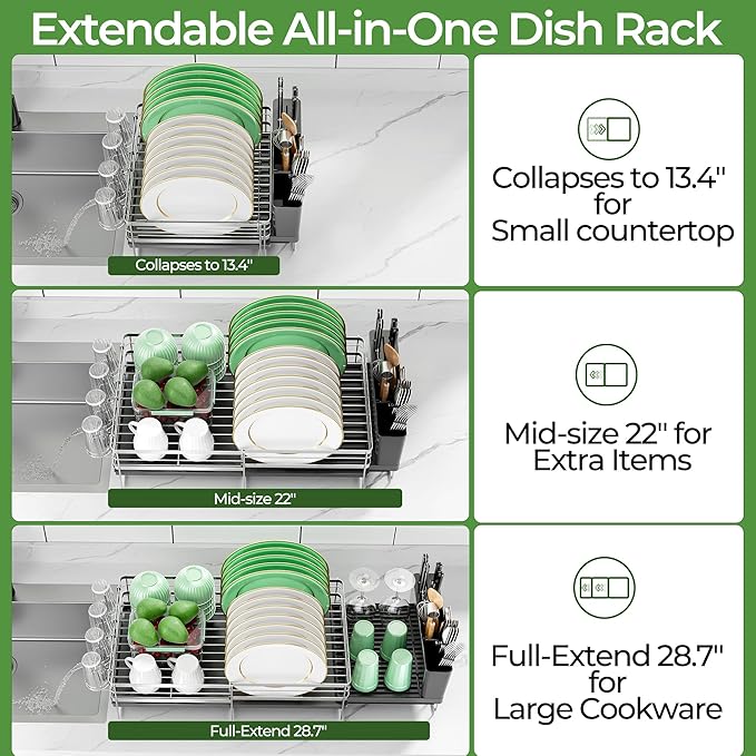 Large Dish Drying Rack, Expandable Dish Rack, Stainless Steel Anti-Rust Dish Racks for Kitchen Counter, Multifunctional Dish Drainer with Utensil Holder & Cup Holder, 13.4"-28.7" L x 11.8" W