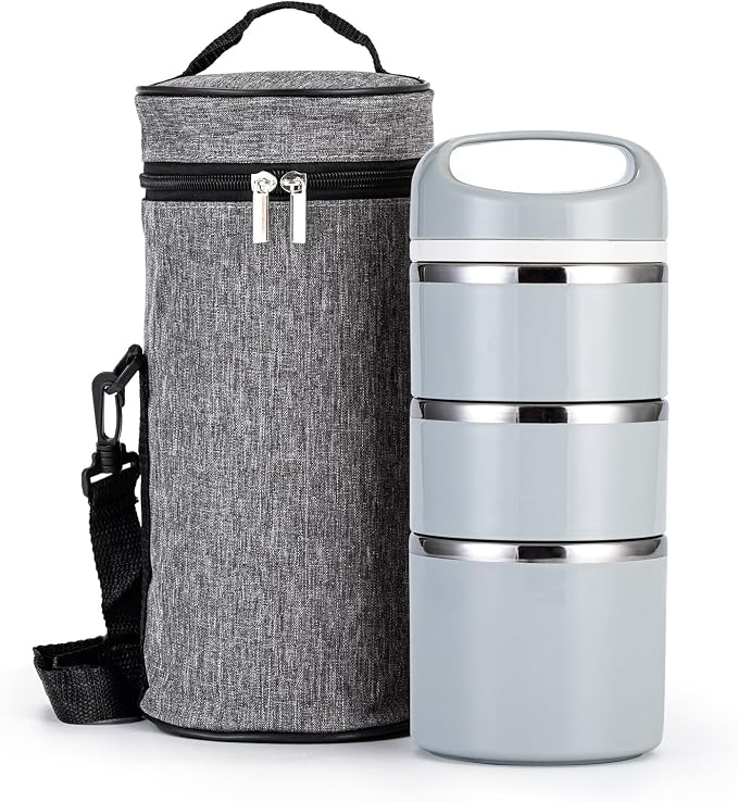 Lille Home Stackable Stainless Steel Thermal Compartment Lunch/Snack Box, 3-Tier Insulated Bento/Food Container with Lunch Bag and Three Extra Seals, 43OZ (Gray)