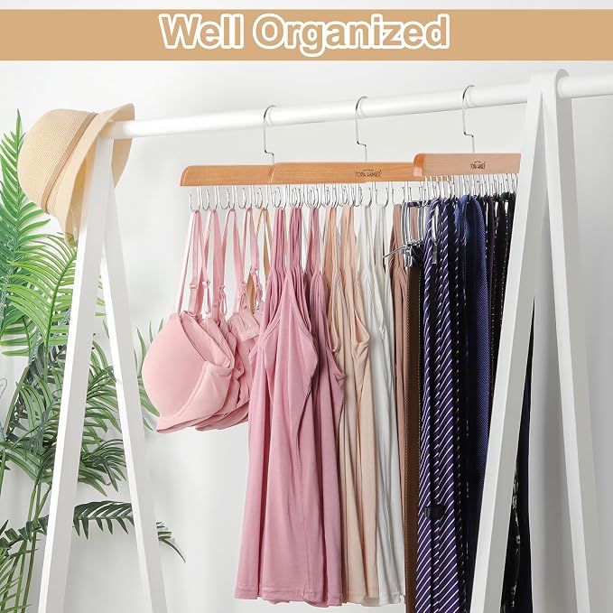 TOPIA HANGER 2 Pack Bra Hanger for Closet, Premium Wooden Tank Top Hangers | 40 Foldable Hooks, 360°Rotating Hooks, Easy to Install, Durable Solid Wood, Space Saving Storage for Tank Tops, Bras, Belts