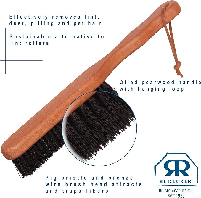 Redecker Clothes Brush with Pearwood Handle, 10-1/2 inches, Natural Bristles Clean Upholstery and All Types of Fabric Gently and Effectively, Hanging Loop for Storage, Made in Germany