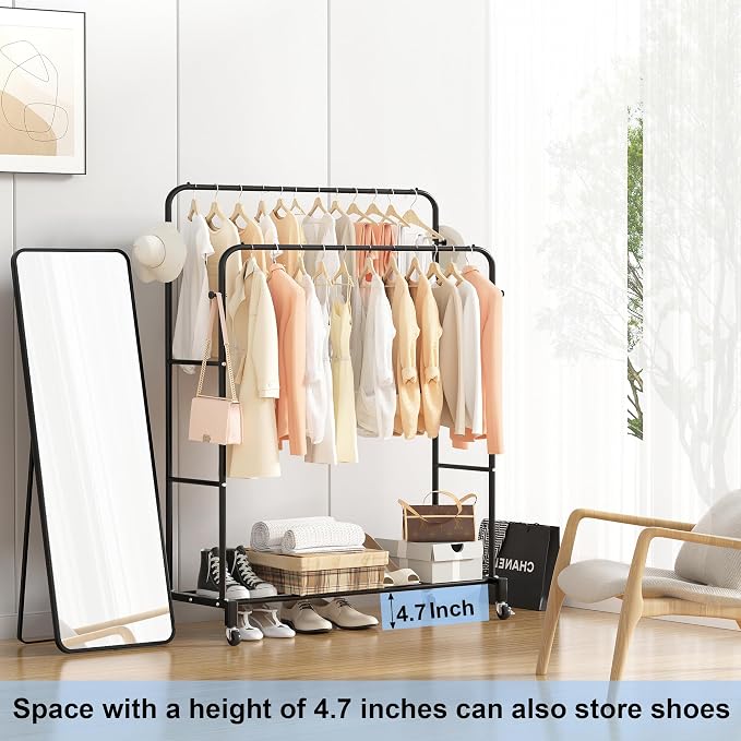 Sooyee Double Rod Clothing Rack with Wheels, 3 Tier, Black | Garment Racks for Hanging Clothes, Portable, 4 Hooks, For Bedroom, Laundry Room