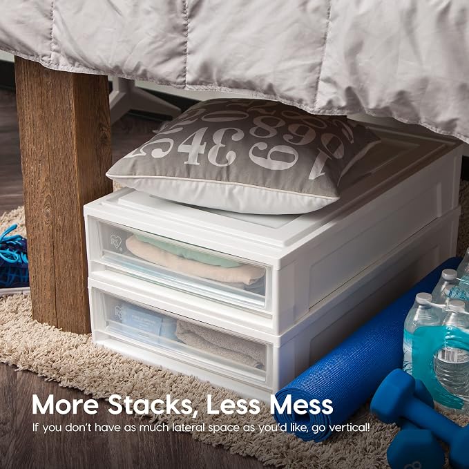 IRIS USA 4-Pack, 27 Qt. Under Bed Storage Bin with Sliding Drawers, White | Store seasonal clothing, shoes, blankets, linens and household essentials neatly under beds to maximize storage space