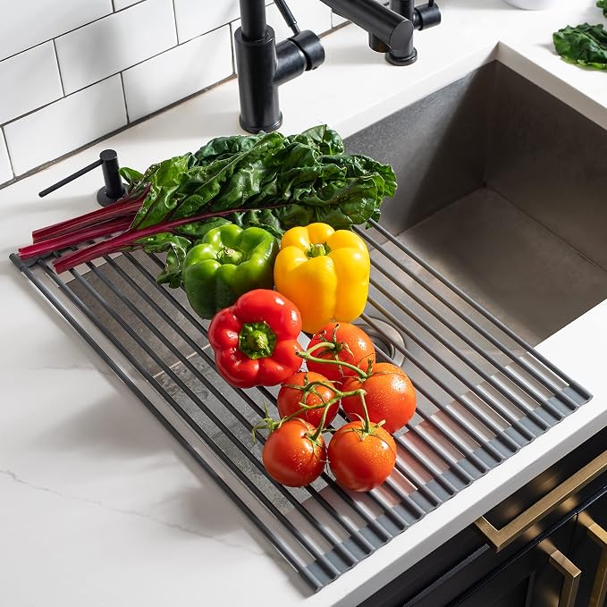 edge Roll Up Dish Drainer, Over The Sink Multi-Purpose Foldable Drying Rack, Silicone Coated Gray, Medium- 17" x 13.1"