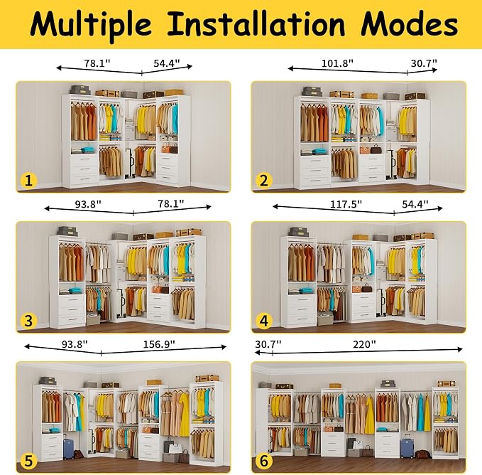 Closet System with 6 Drawers, Corner Closet Organizer System with 10 Hanging Rods Heavy Duty Walk in Wooden Modular Closet Storage System L-Shaped U -Shaped Freestanding 4 Sets 2500+ Lbs White