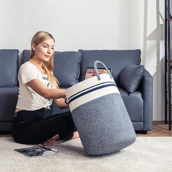 YOUDENOVA Cotton Rope Laundry Hamper Basket, 72L Blanket Basket for Nursery | Large Woven Laundry Hamper with Sturdy Handles, Collapsible Home Decor Laundry Basket for Laundry, Clothes, Toys in Bedroom
