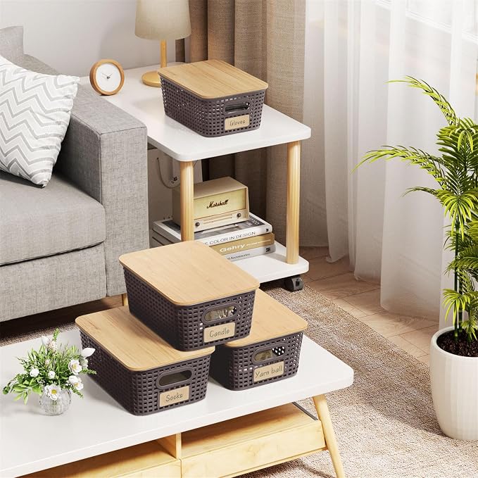 Viphope Stackable Storage Bins with Bamboo Lids set of 6,10x7.1x4.1in | small plastic organizer boxes,natural bamboo lids,saves space in pantry,office classroom storage,closet, desk, cabinet