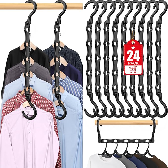24 Pack Hangers Space Saving Magic Plastic Hanger Organizer Dark Black | Shirt Space Saving Hangers, Multi Clothes Hangers Space Saver for Closet Organizers Storage College Dorm Room Essentials