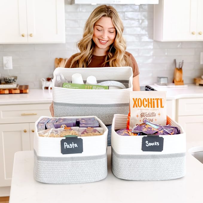NaturalCozy Storage Baskets 16.8”x13”x7.6” Cotton Rope Woven Baskets for Organizing 3-Pack | Toy Storage Bins | Basket for Shelves, Laundry, Blanket, Clothes, Closet, Kitchen, Bathroom, Gifts