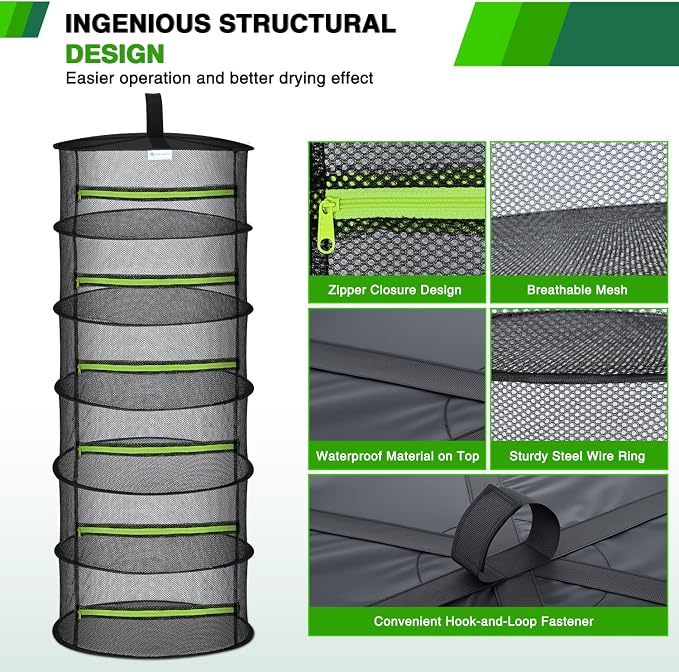 Yesker 6 Layer Herb Drying Rack Hanging Mesh Net Foldable Plant Drying Racks 24" w Green Zipper Pruning Shears Hook Dryer Hanging Rack for Herbs Seed Bud Fruit Clothes Grow Tent Closets Garden Outdoor