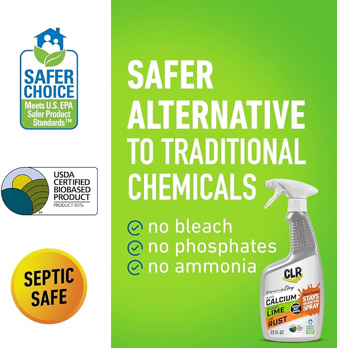 CLR Brands Calcium, Lime and Rust Remover with Cling, 22 oz. Spray Bottle | Adheres to Hard-to-Reach Surfaces, Blasts Calcium, Dissolves Lime Deposits, Zaps Stubborn Rust Stains and Hard Water Deposits