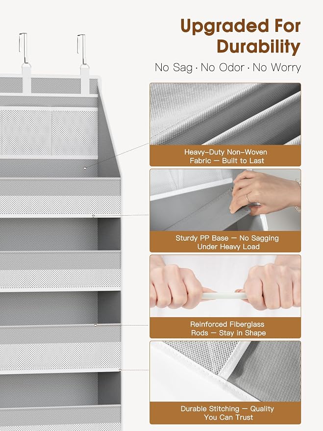 Criusia 2 Pack Over The Door Organizer, Heavy-Duty 6-Shelf Hanging Storage with 13 Mesh Pockets, 55lbs Capacity Behind The Door Storage for Nursery, Bathroom, Bedroom, and Dorm, Grey