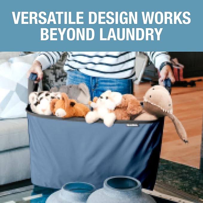 CleverMade Collapsible Laundry Basket, 60L, 2 Pack, Denim | Each basket supports 55 lb and stays upright while loading, then folds to 1.25 inches for closets, dorms, and RVs.