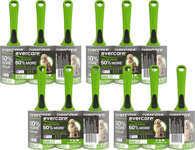Evercare Pet Hair Lint Rollers All Purpose Use 100 Easy-Tear Sheets Per Roll Reusable Sticky Roller Pets Cat & Dog Hair Remover Contoured Handle for Furniture Clothing & Cars, Green (Pack of 12)