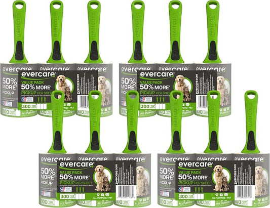 Evercare Pet Hair Lint Rollers All Purpose Use 100 Easy-Tear Sheets Per Roll Reusable Sticky Roller Pets Cat & Dog Hair Remover Contoured Handle for Furniture Clothing & Cars, Green (Pack of 12)