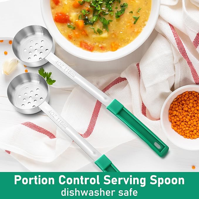 Teenyyou 2 Pcs Portion Control Serving Spoons, Restaurant Measuring Serving Ladle Utensils, Portion Spoons for Weight Loss, Kitchen(Green,4 oz,Slotted)