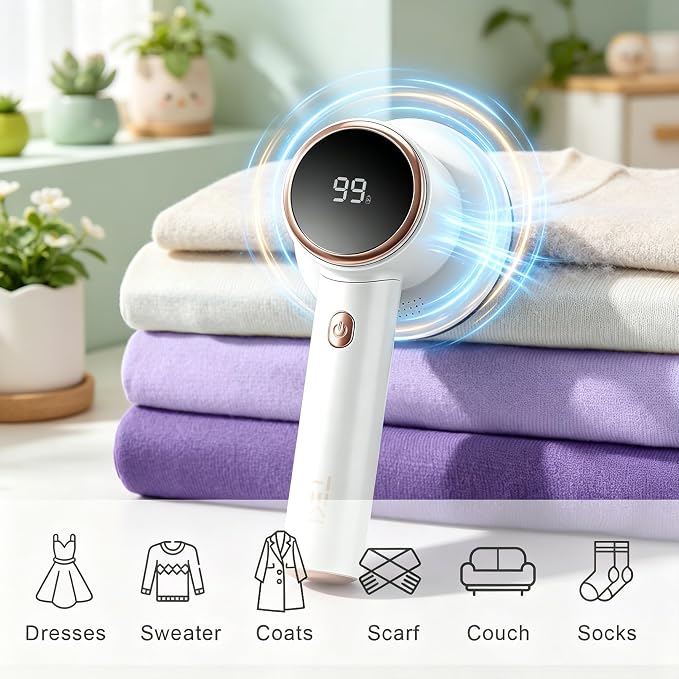 Fabric Shaver, 2-Speed Digital Lint Remover, 6-Blade, Rechargeable, White | sweater defuzzer pilling remover fuzz ball electric clothes cordless for furniture couch upholstery pet hair portable